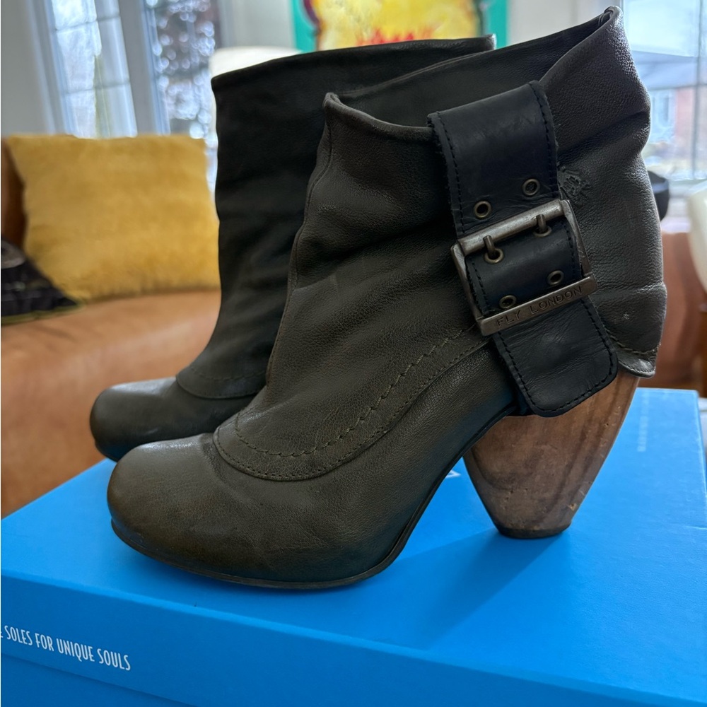 Fly London Dark Grey Heeled Boots with Wooden Heel